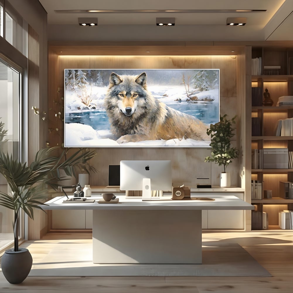 Tablou canvas cu pictura cu lup singuratic in zapada, in rama de aluminiu argintiu, pe perete intr-un birou